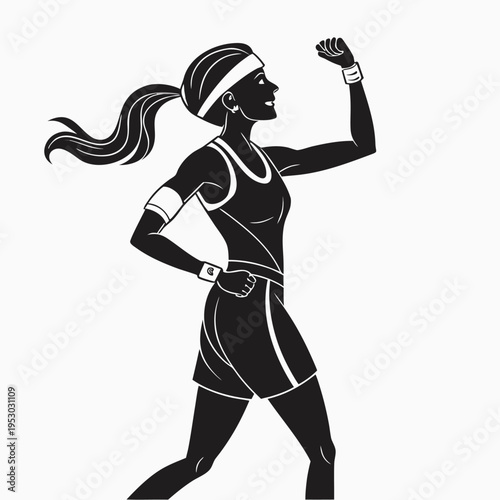 Strong athletic woman in sportswear flexing arm, dynamic silhouette, fitness concept