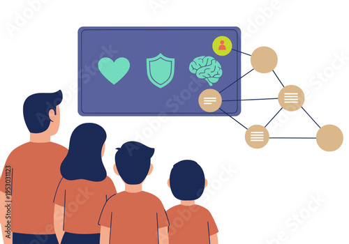 A family observes a digital display showcasing ?Family Metabolic Health Education?. It highlights connections between health, brain, and family well-being. Modern, informative graphic.