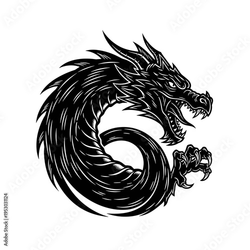 Dragon Silhouette Circular Design Isolated White Background
