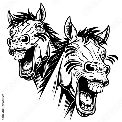 Laughing Horses Silhouette Cartoon Illustration Isolated White Background

