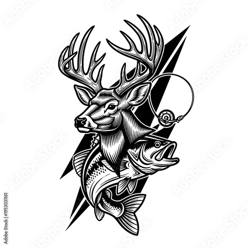 Deer Fish Hunting Silhouette Illustration Isolated White Background
