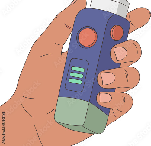 A hand holds a Smart Inhaler, showcasing its design. Clean, modern illustration with bright colors. Ideal for health, medication, and wellness visuals.