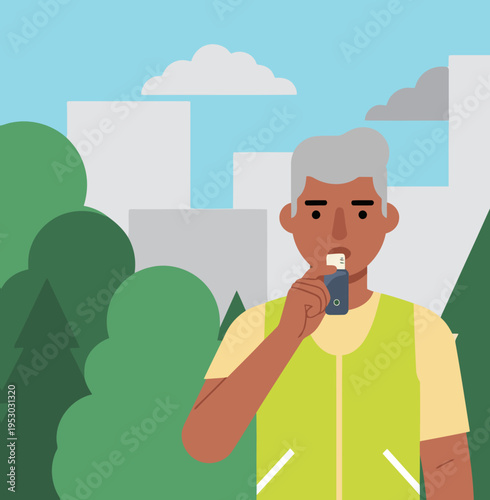 An older man uses a smart inhaler outdoors, enjoying an active lifestyle. Modern design, vibrant colors, and a focus on health and wellness. Suitable for medical or fitness campaigns.