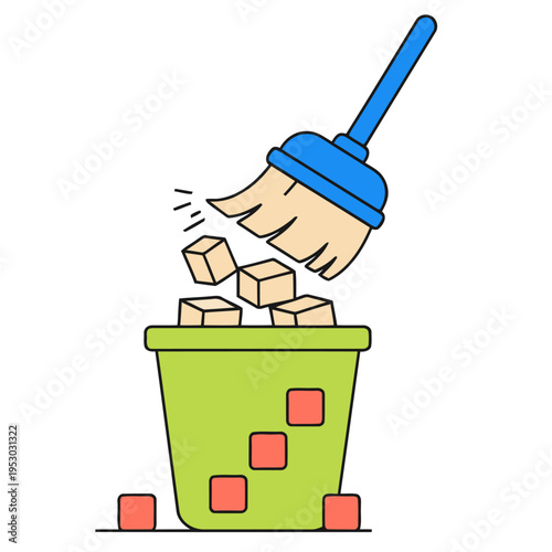A playful illustration depicts a broom sweeping digital data into a compost bin. Clean, modern design with a focus on digital decluttering and data management.