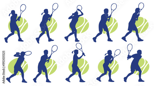 Tennis player silhouettes in various poses with tennis balls