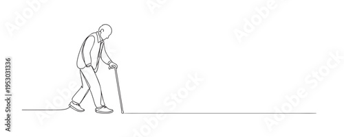 single line elderly man walking with cane.continuous line drawing of old grandfather with stick.senior mobility concept.one line vector illustration.