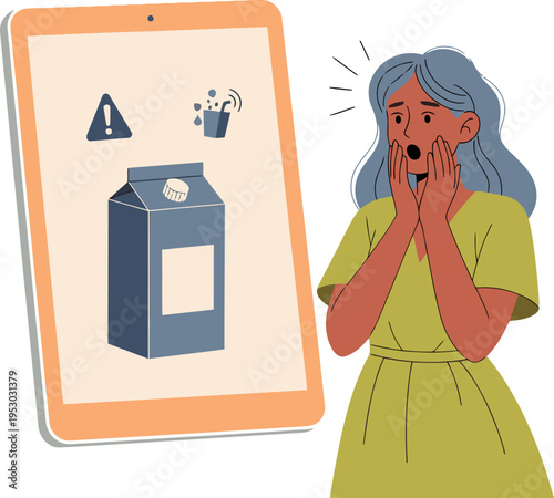 A woman reacts with shock to a 'zero juice' carton displaying a hidden sugar spike alert on a tablet. Dramatic, eye-catching illustration.