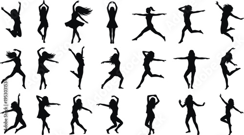Collection of dancing women silhouettes in various poses energetic female dancers isolated on white background set