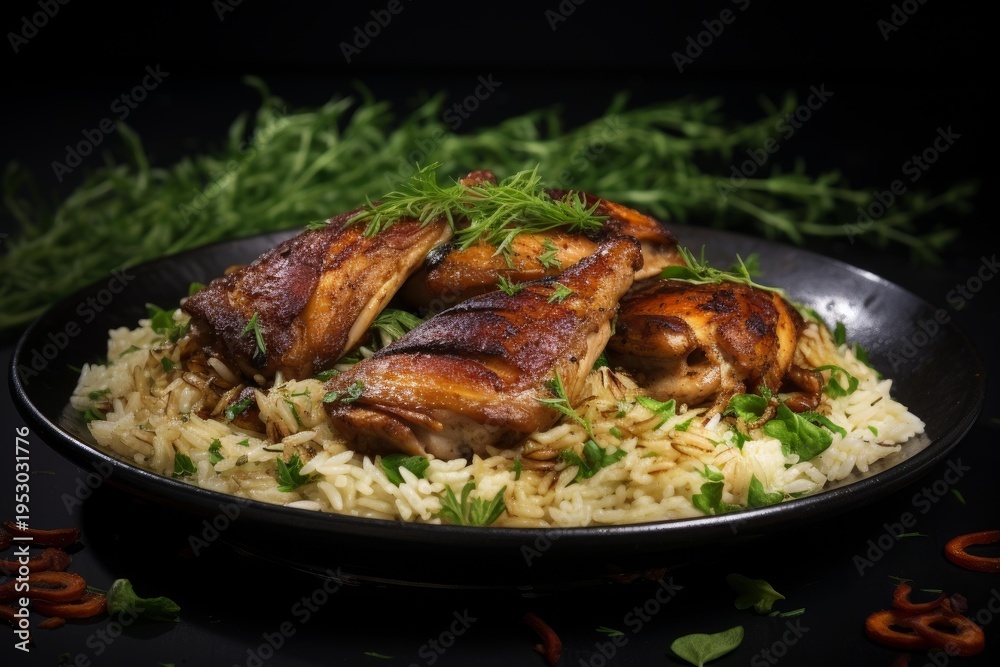 Fototapeta premium Juicy roasted chicken pieces resting on a bed of fluffy rice pilaf with fresh green herbs