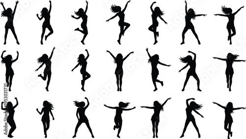 Set of dancing women silhouettes in dynamic poses energetic female dancers isolated on white background