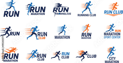 running sport logo collection, marathon runner icons, running club branding, fitness athlete symbols, speed runner silhouettes, sport event logo set