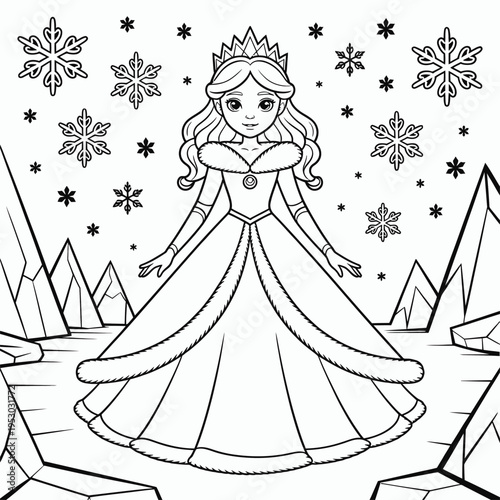 A beautiful winter ice princess wearing a fur-trimmed gown in a snowy mountain landscape scene.