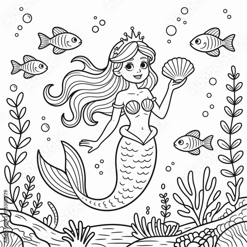 A beautiful mermaid princess wearing a crown and holding a seashell in the deep blue ocean water.