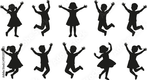 Set of happy jumping children silhouettes with raised hands playful kids isolated on white background