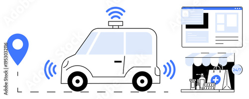 Autonomous delivery, online shopping, pharmacy services, location tracking, smart technology, efficient logistics. ion of a driverless car with signals, GPS pin, online interface and storefront