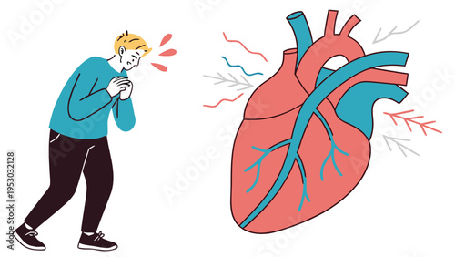 Person clutching chest in pain next to anatomical heart illustration, health concept