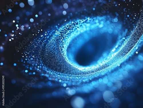 Diagonal spiral of glowing blue points and circular bokeh on dark background