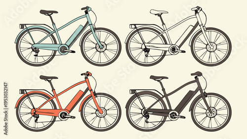 Four modern electric bicycles in different colors, side view, vector illustration