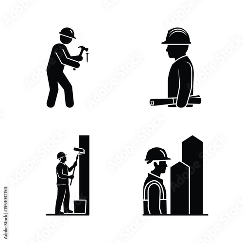 Construction Worker Professional Silhouette Icon Set