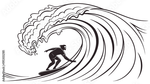 Silhouette of a surfer riding a big ocean wave, dynamic action, vector illustration