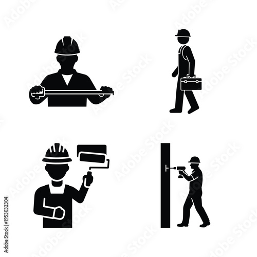 Construction Worker Tools and Tasks Vector Icon Set