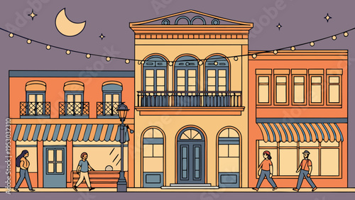 Lively night street scene illustration - urban cartoon landscape with people and shops