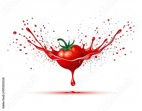A close-up view of a splash of tomato juice on a white background, great for food and beverage related concepts