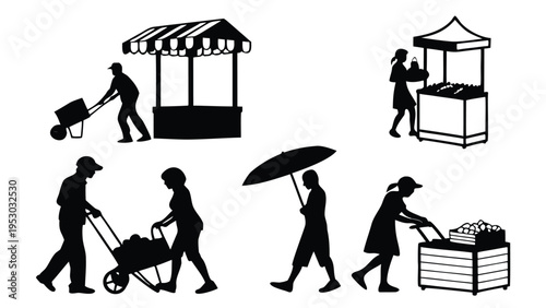 Market vendor silhouettes - people with stalls and carts vector graphic for commerce
