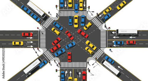 Busy Intersection with Cars, Buses, and Trucks in Traffic