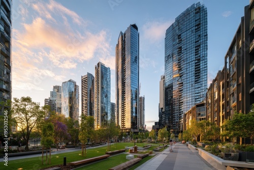 Row of sleek apartment towers rising above a tree-lined courtyard in a vibrant city neighborhood