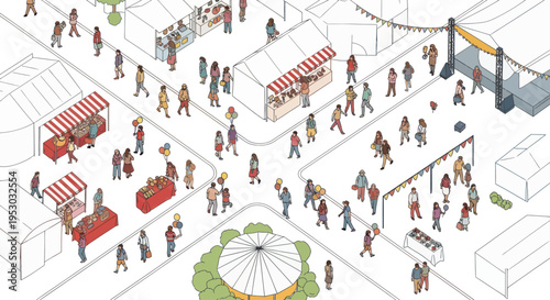 Isometric Outdoor Market Scene with Diverse People and Stalls