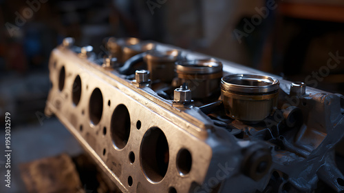 Wallpaper Mural Close-up detail of a classic engine cylinder head showcasing intricate components and metallic texture in a workshop environment Torontodigital.ca