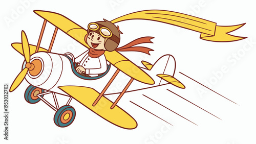 Happy cartoon pilot flying yellow biplane with blank banner illustration