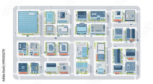 Aerial View of Modern City Block with Diverse Buildings and Streets
