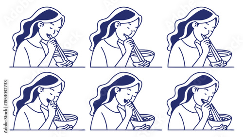 Cartoon woman eating noodles with chopsticks from bowl line art sequence illustration