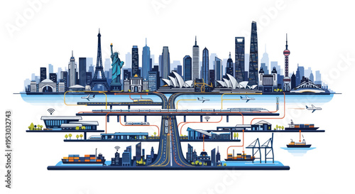 Global Cityscape and Transportation Network Illustration