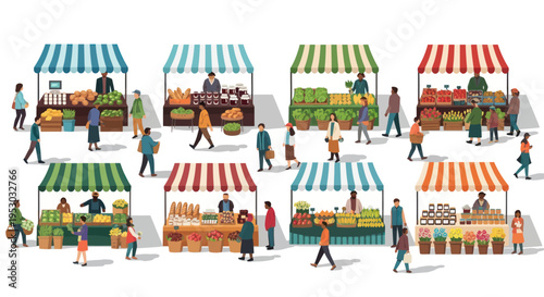 Bustling Outdoor Market Scene with Diverse Stalls and Shoppers