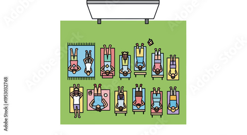 People sunbathing on beach towels from above, summer leisure and relaxation