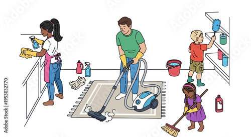 Family Cleaning House Together: Parents and Kids Vacuuming, Sweeping, Wiping Surfaces