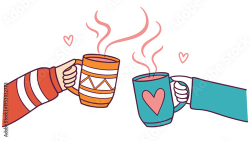 Cartoon hands toasting steaming mugs with hearts, couple or friends concept