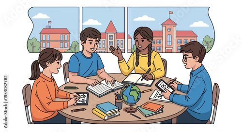 Diverse students collaborating around a table in a classroom with school buildings outside.