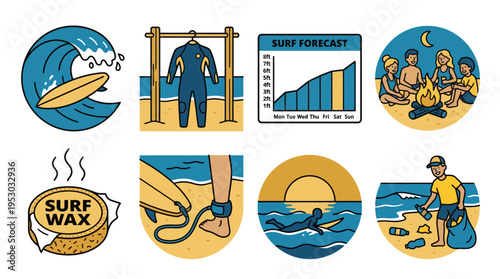 Surfing culture and beach lifestyle vector illustration icon set