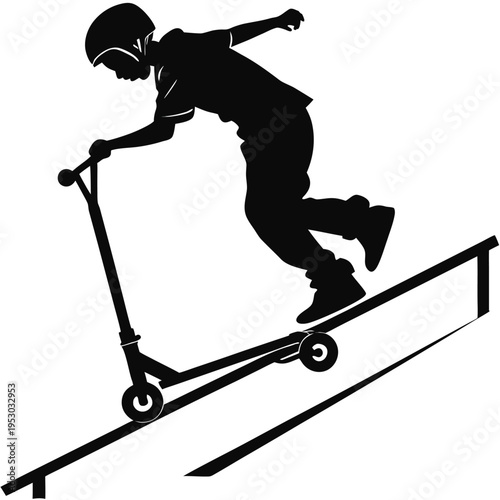Dynamic silhouette of a young boy performing a trick on a scooter on a ramp. extreme sport