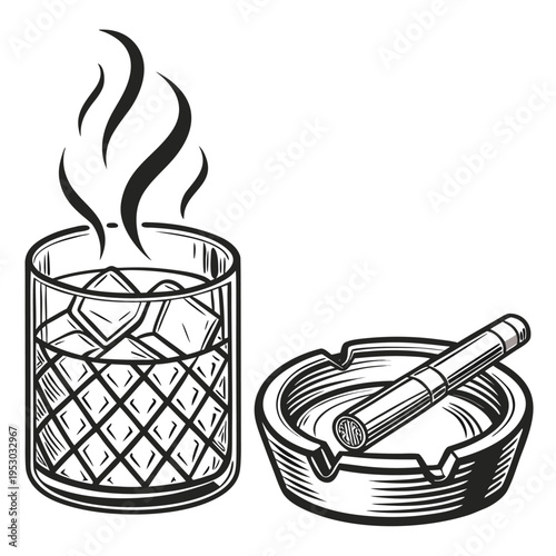 Engraved style whiskey glass with ice and a steaming cigar in an ashtray. luxury indulgence