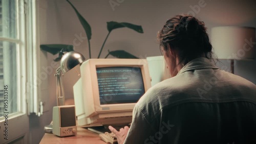 Man working and gaming on retro computer PC, IT engineer with vintage computer at home, using old fashion technology, close up of retro setup. 