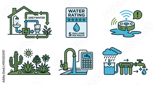 Water Conservation and Sustainable Home Management Icon Set