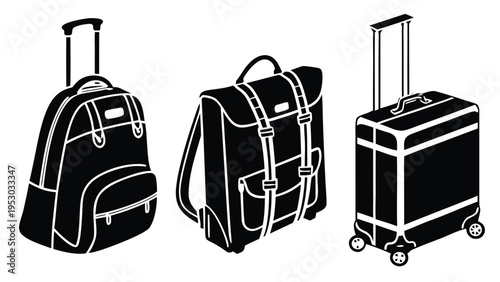 Travel luggage silhouettes - backpacks and suitcase vector graphics for journey