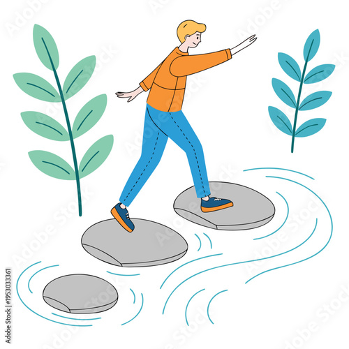 Man balancing on stepping stones over water with minimalist green plants vector art