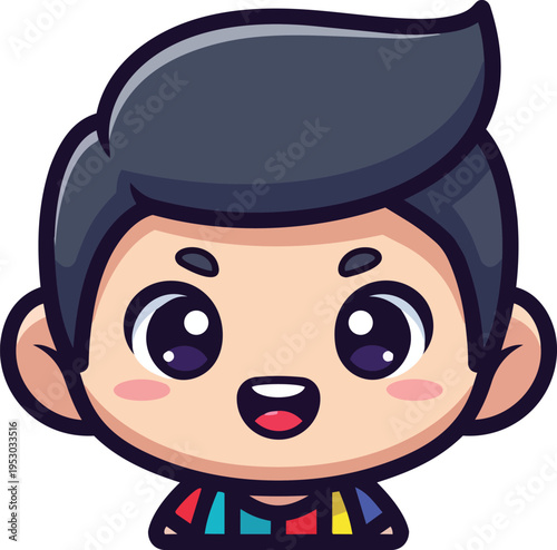 A colorful cartoon boy with a distinctive hairstyle and expressive facial features smiles cheerfully.