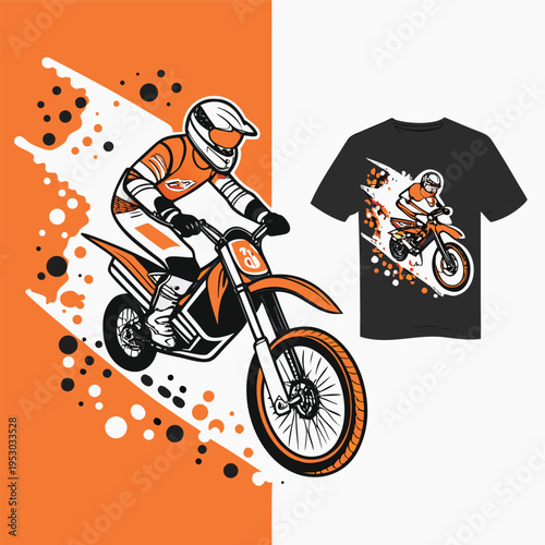 Dynamic motocross rider design with dirt splatters and t-shirt mockup for apparel with t shirt